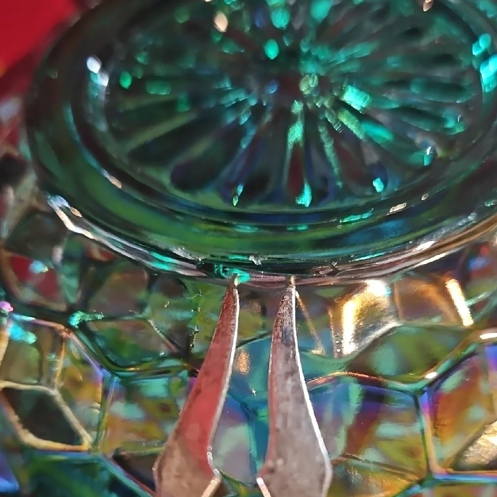 Indiana Glass Whitehall American Peacock Iridescent Carnival Cubist Covered Dish